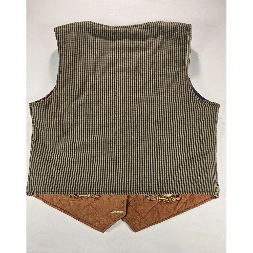Vintage Unmarked Reversible Quilted‎ Golf Vest Gingham Plaid Wooden Buttons